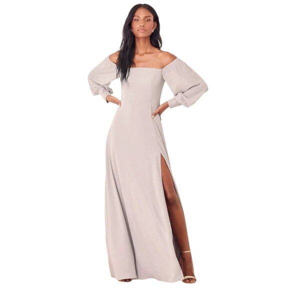 Lulus Long Sleeve Maxi Dress 2X Feel The Romance Grey Off-The-Shoulder Formal - Picture 1 of 14